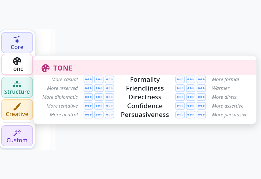 The floating AI-menu with the Tone tab open, showing the five tone axes