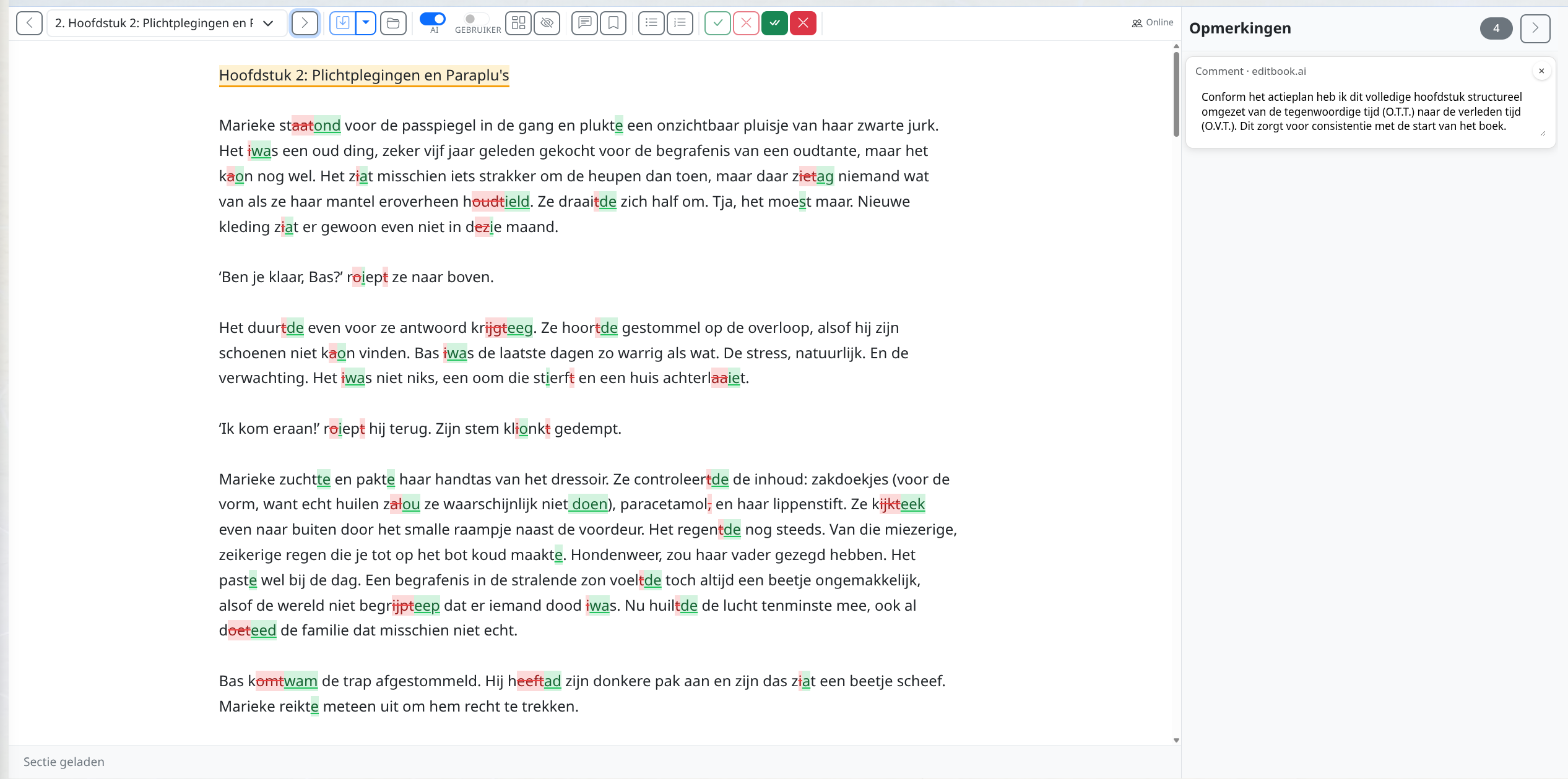 Editor with tracked changes on a manuscript chapter and an inline explanatory comment