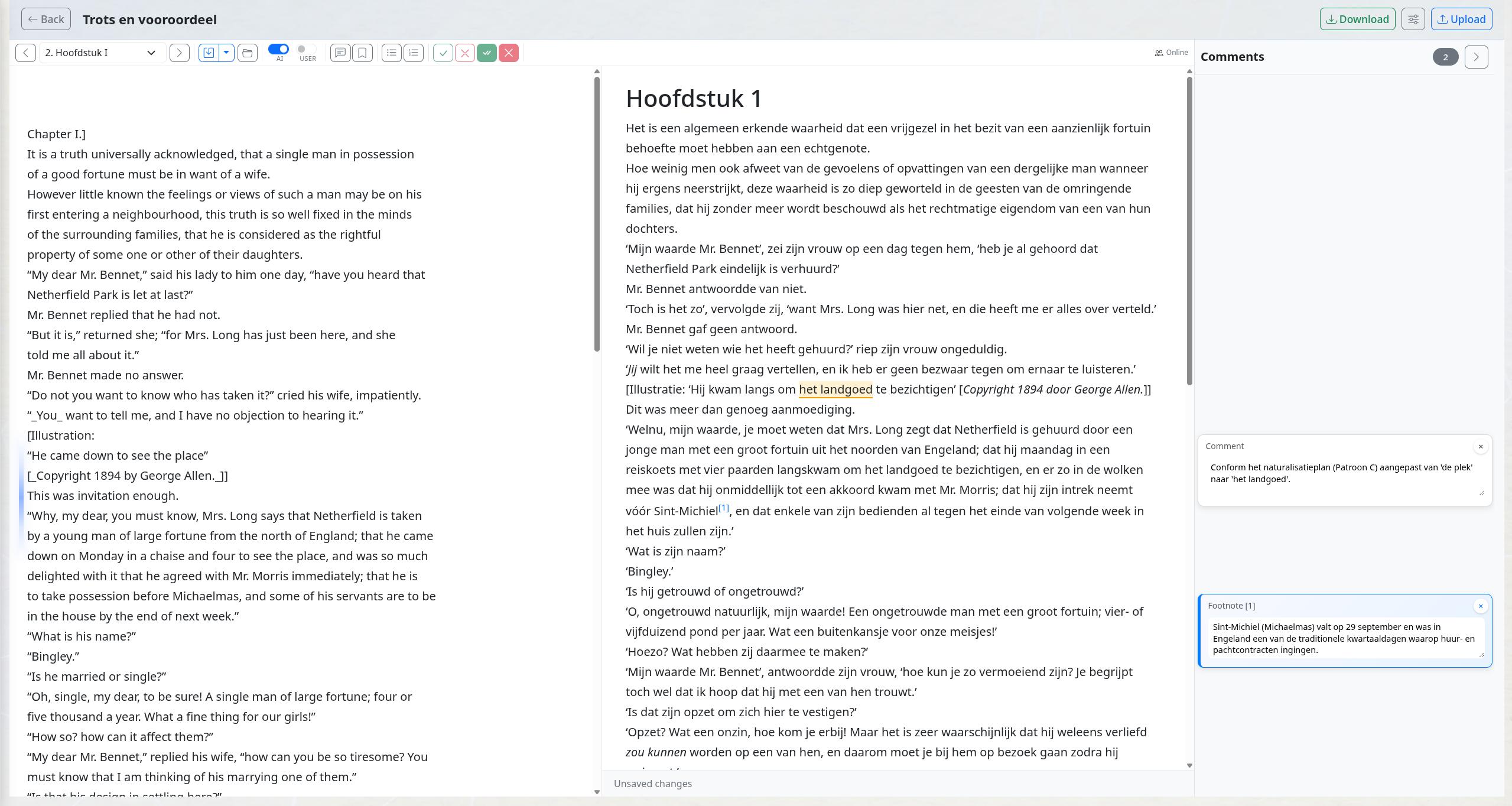 Side-by-side translation editor with source and target locked in sync