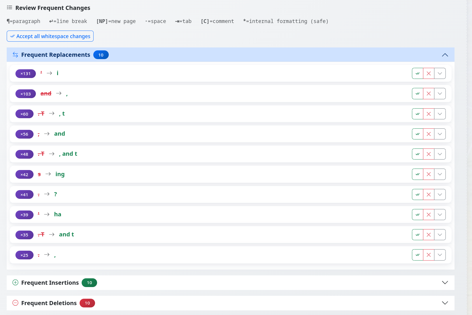 The EditBook.ai bulk review interface showing grouped recurring changes with accept and reject buttons