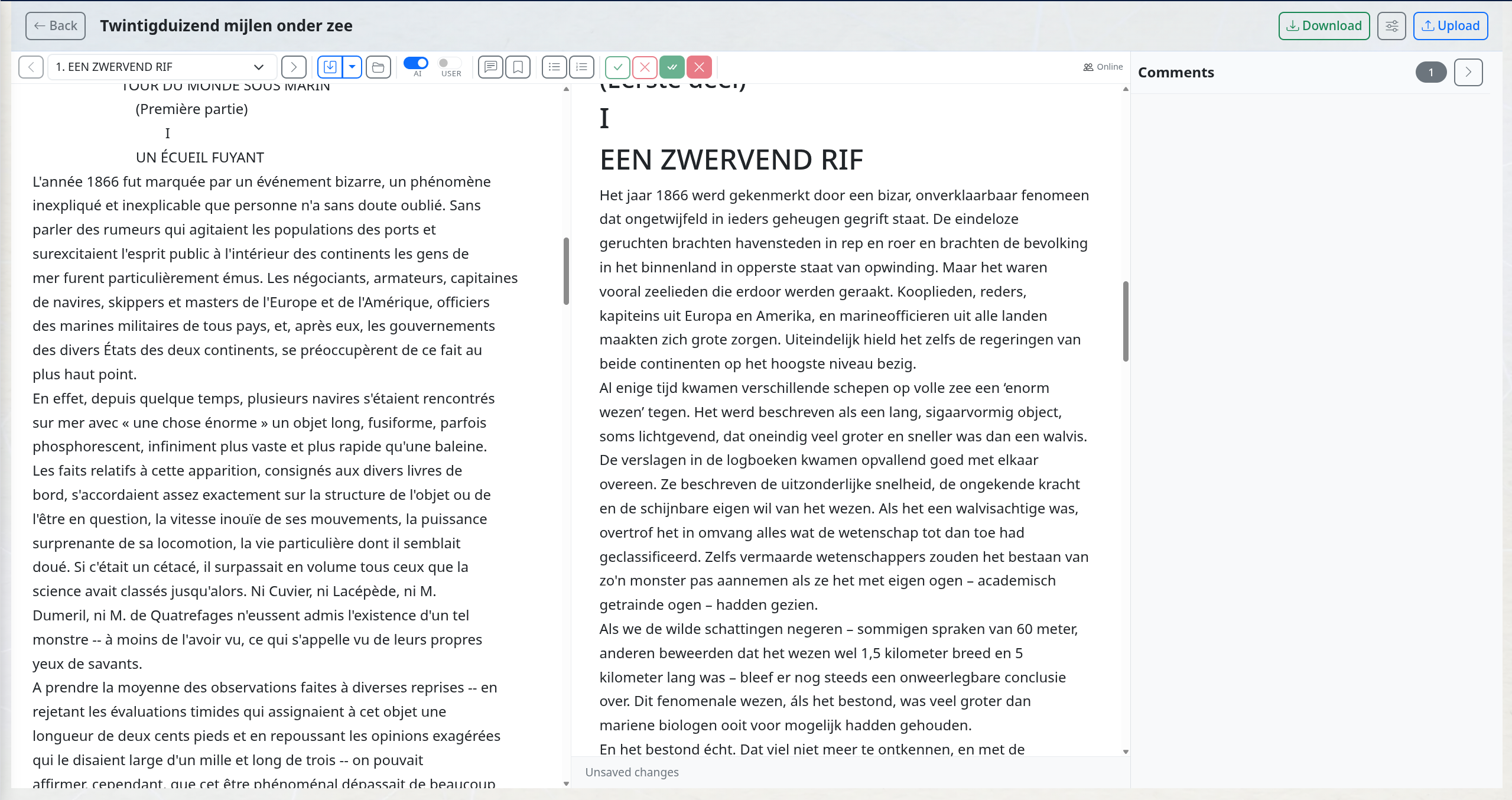 Side-by-side translation editor on a long-form work — 20,000 Leagues Under the Seas