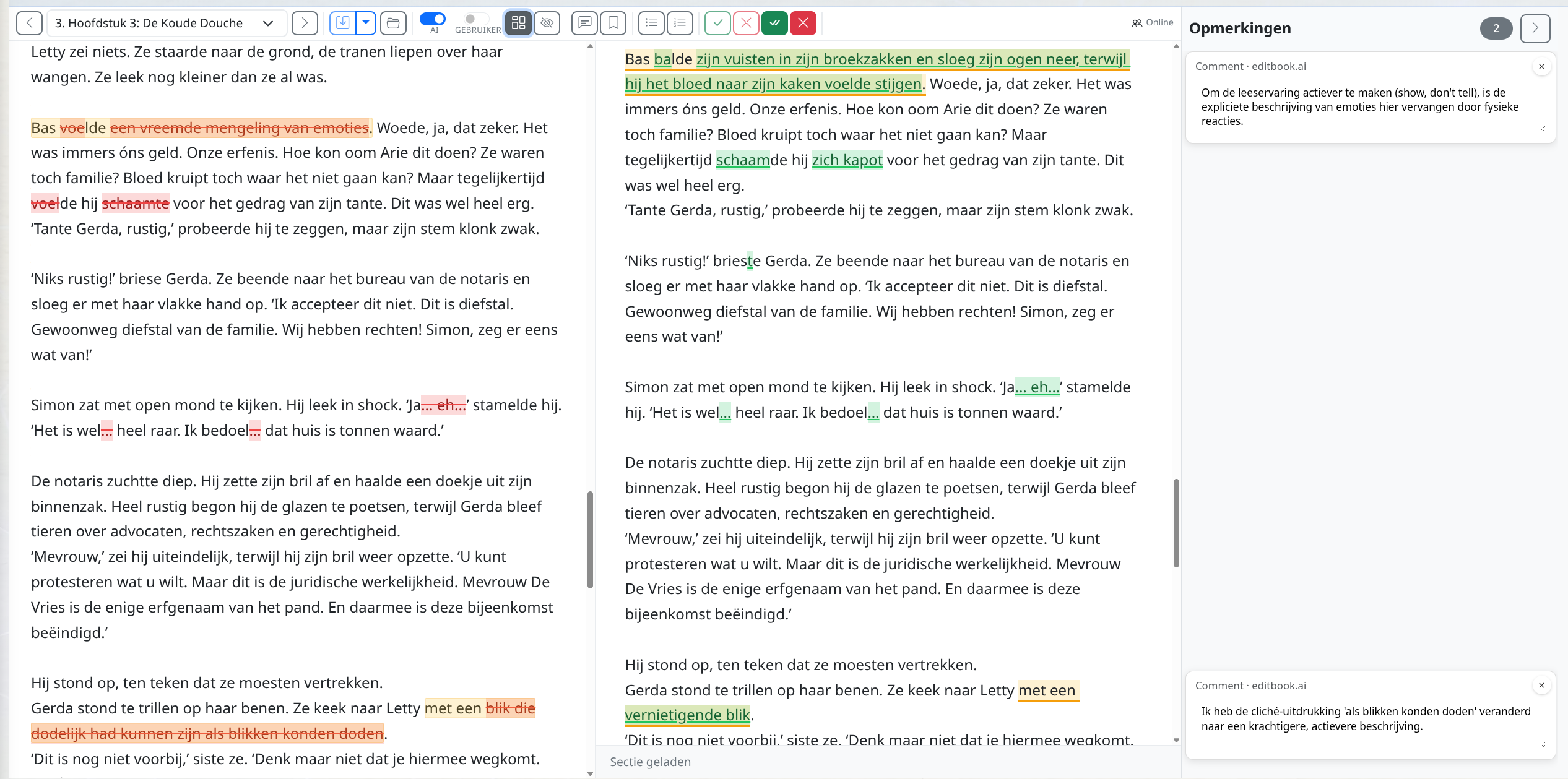 The online editor showing tracked changes with accept and reject controls