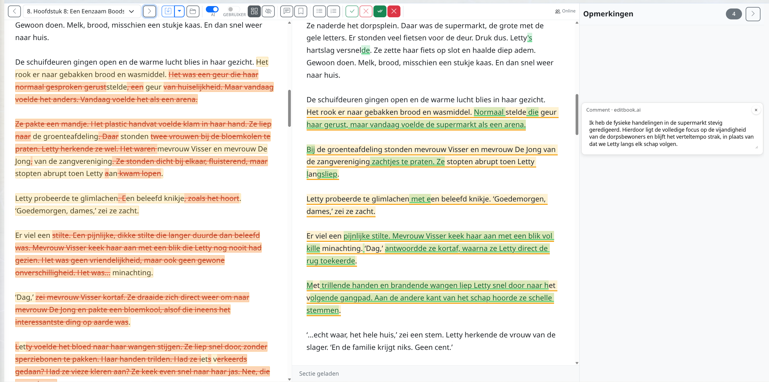 EditBook.ai track changes shown in the side-by-side editor