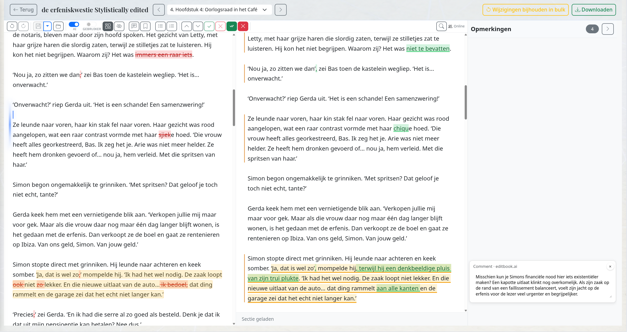 The split-view EditBook.ai editor with the original chapter on the left and the AI-edited version with revisions and comments on the right