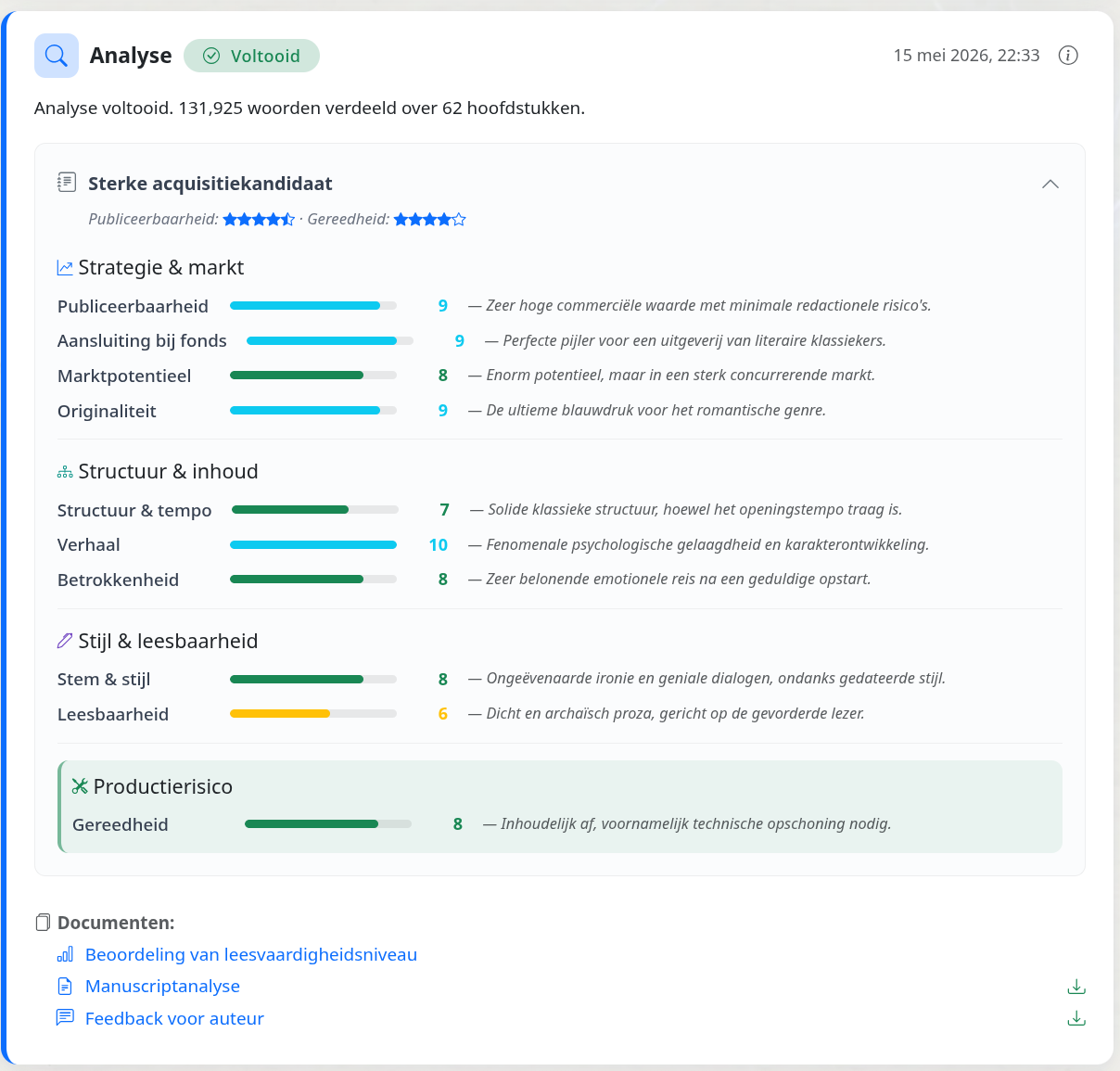 EditBook.ai manuscript analysis report with scoring