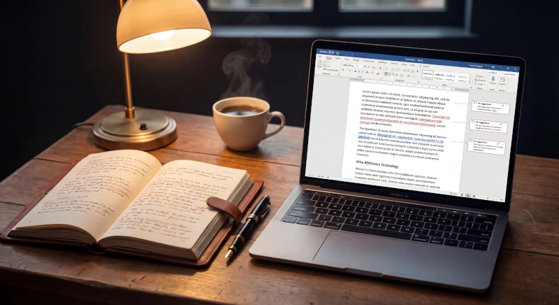 A warm desk with an open manuscript notebook and a laptop in soft lamplight, evening light through a window
