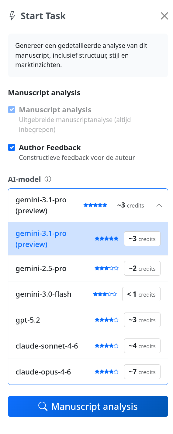 The task dialog showing manuscript analysis options and model selection
