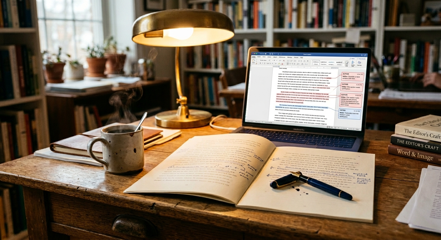 An editorial desk with an open manuscript and a laptop showing a Word document with track changes