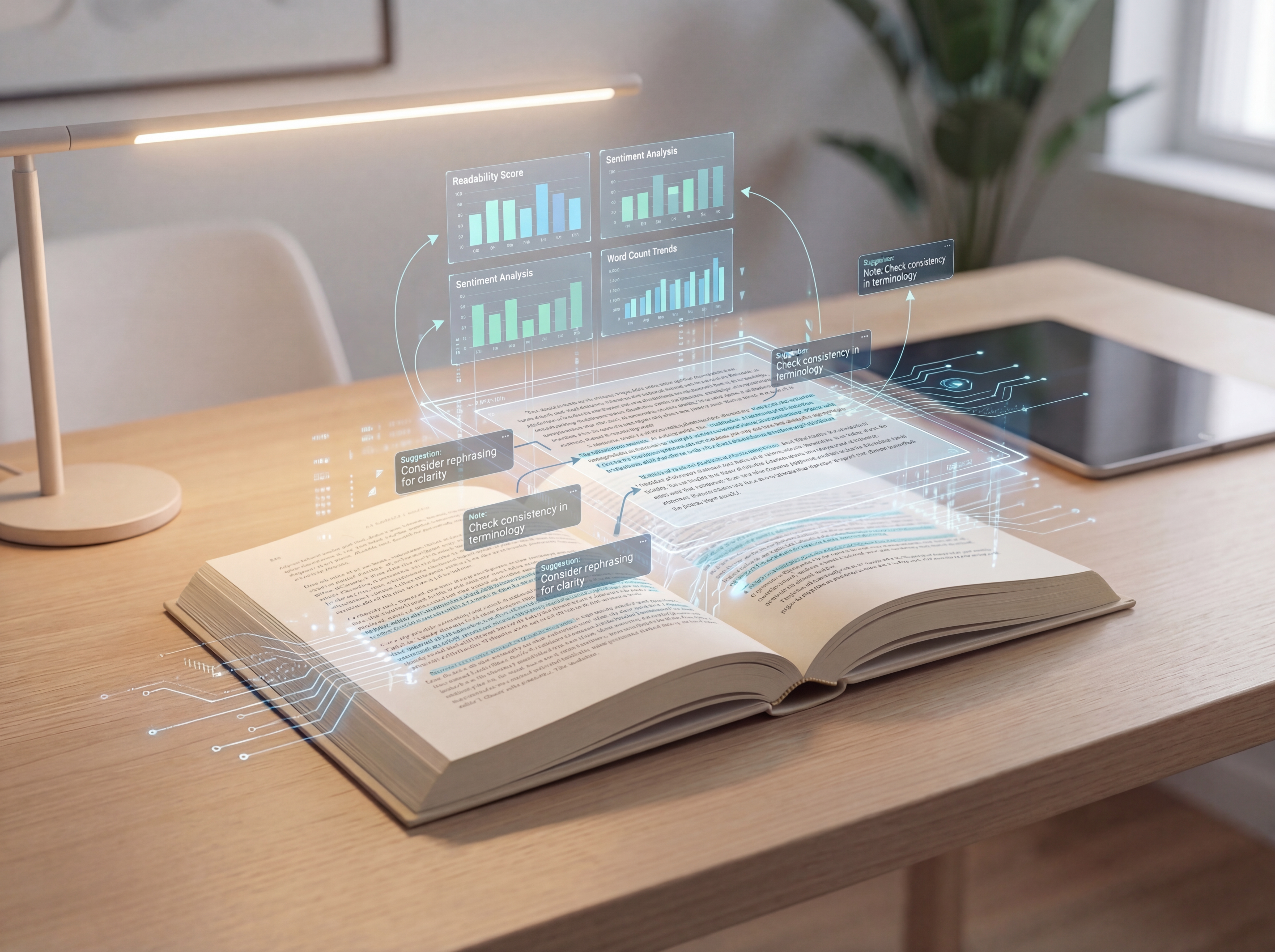 A holographic book with floating analysis charts and translation notes