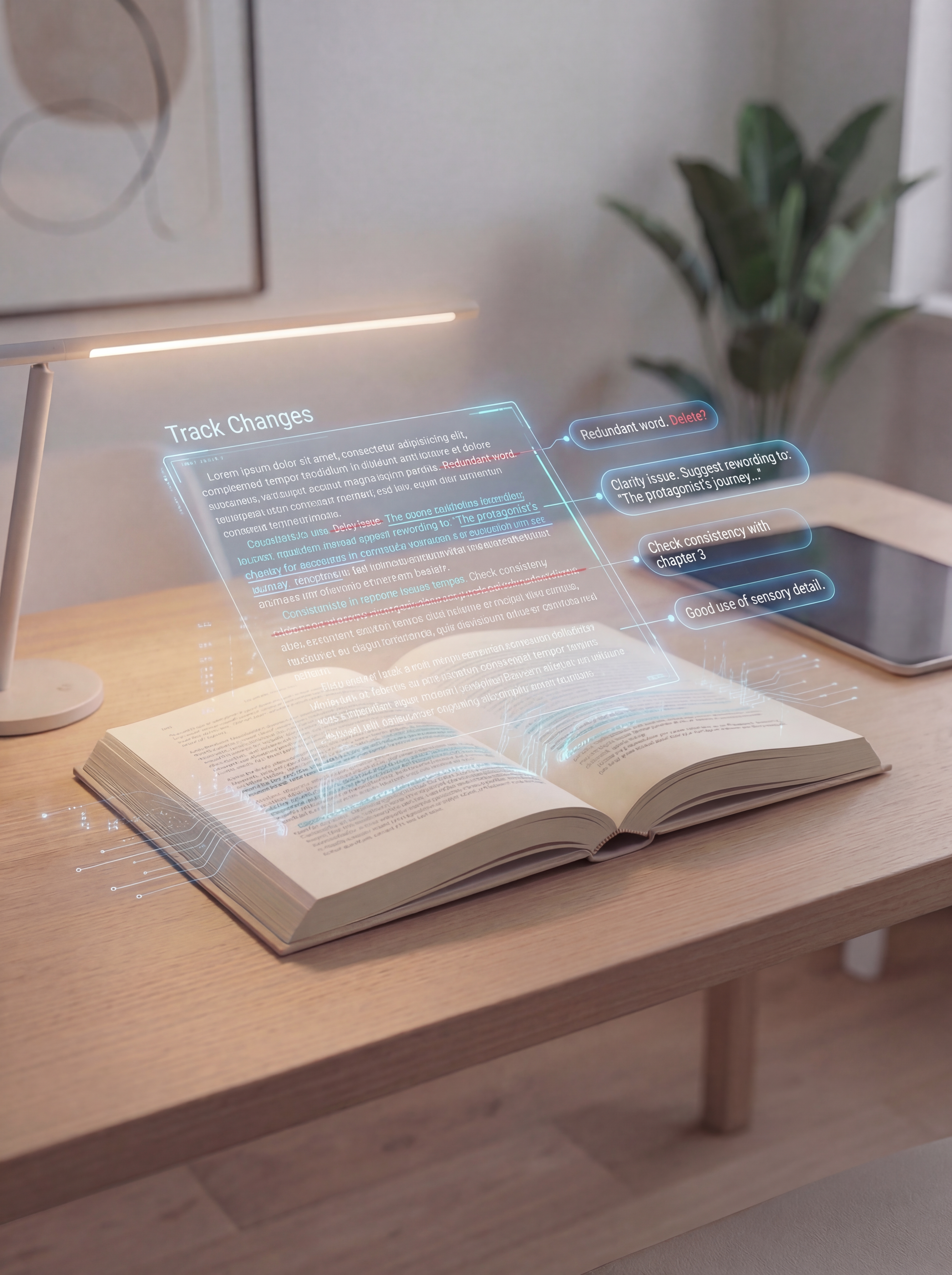 An open book with holographic analysis and market data floating above it