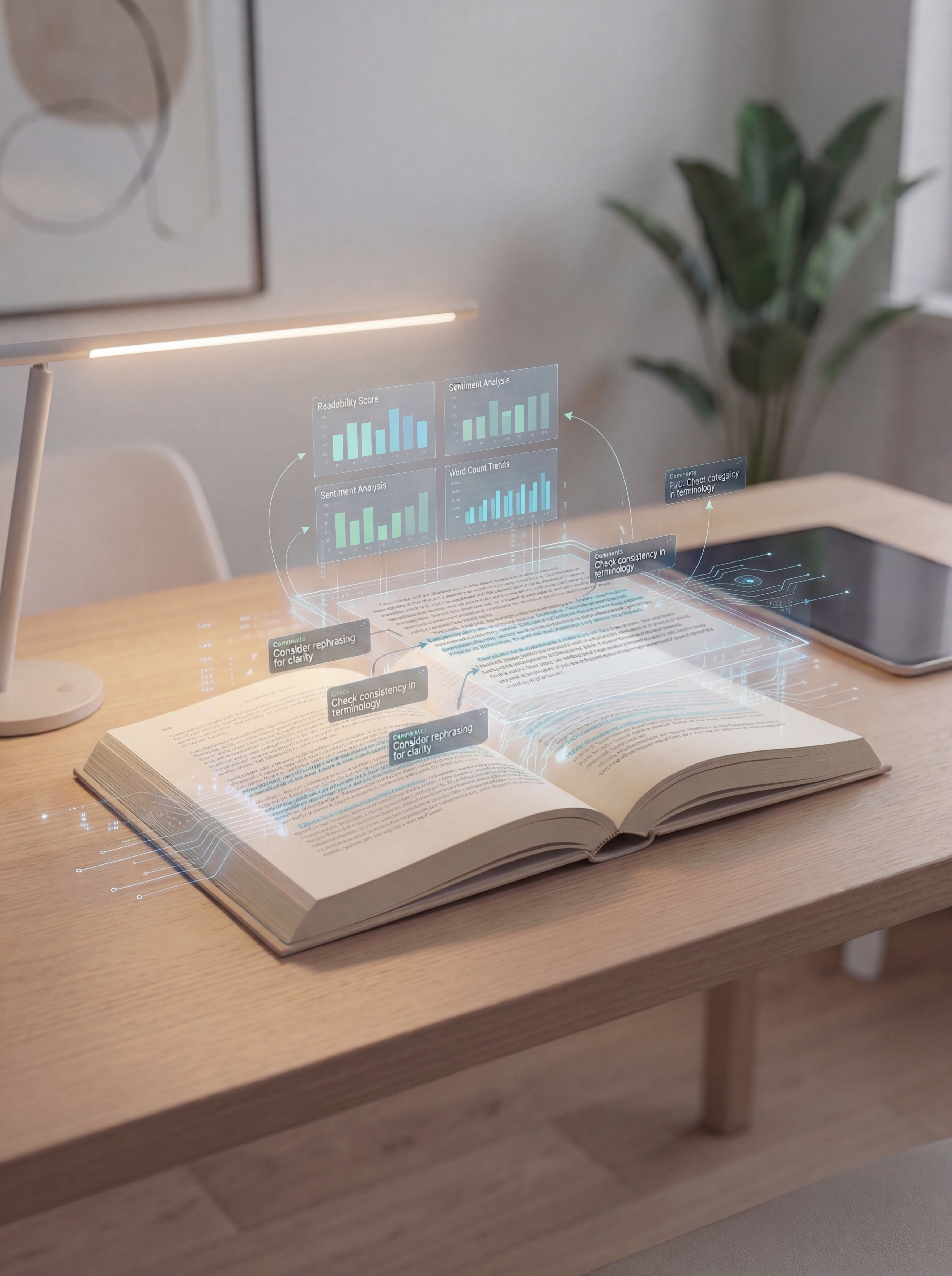 An open book on a desk with floating holographic analysis annotations