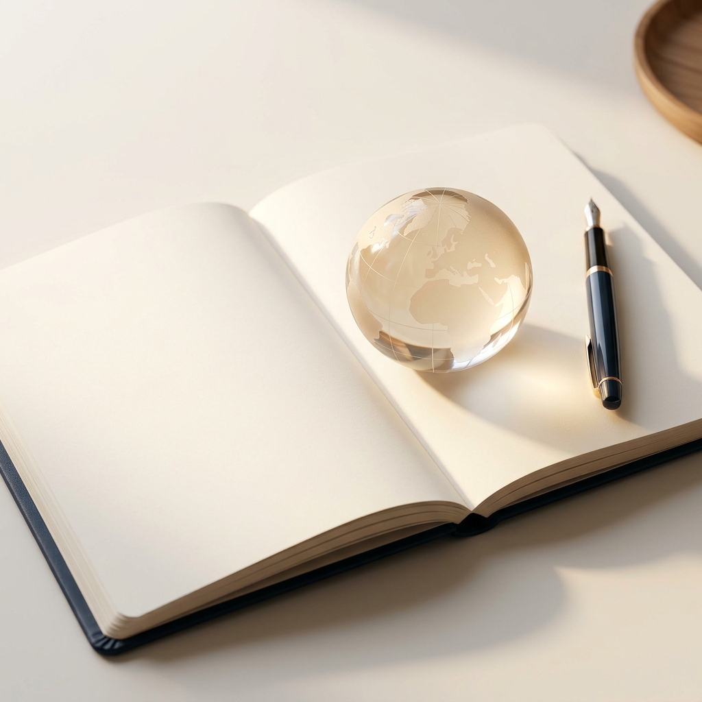 An open book with a pen and globe, symbolising international publishing and translation rights