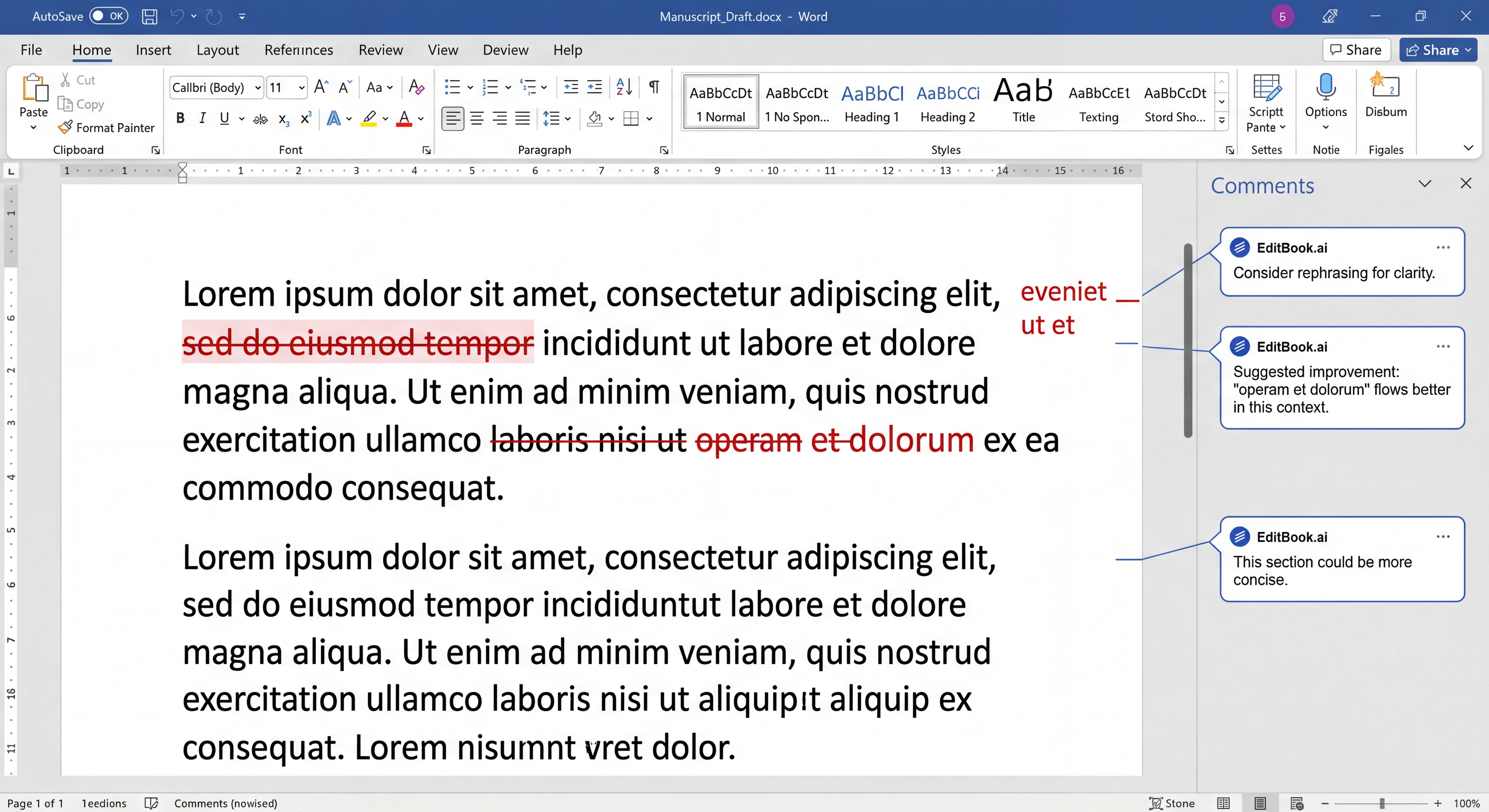 EditBook.ai suggestions appearing as Word track changes with inline editorial comments