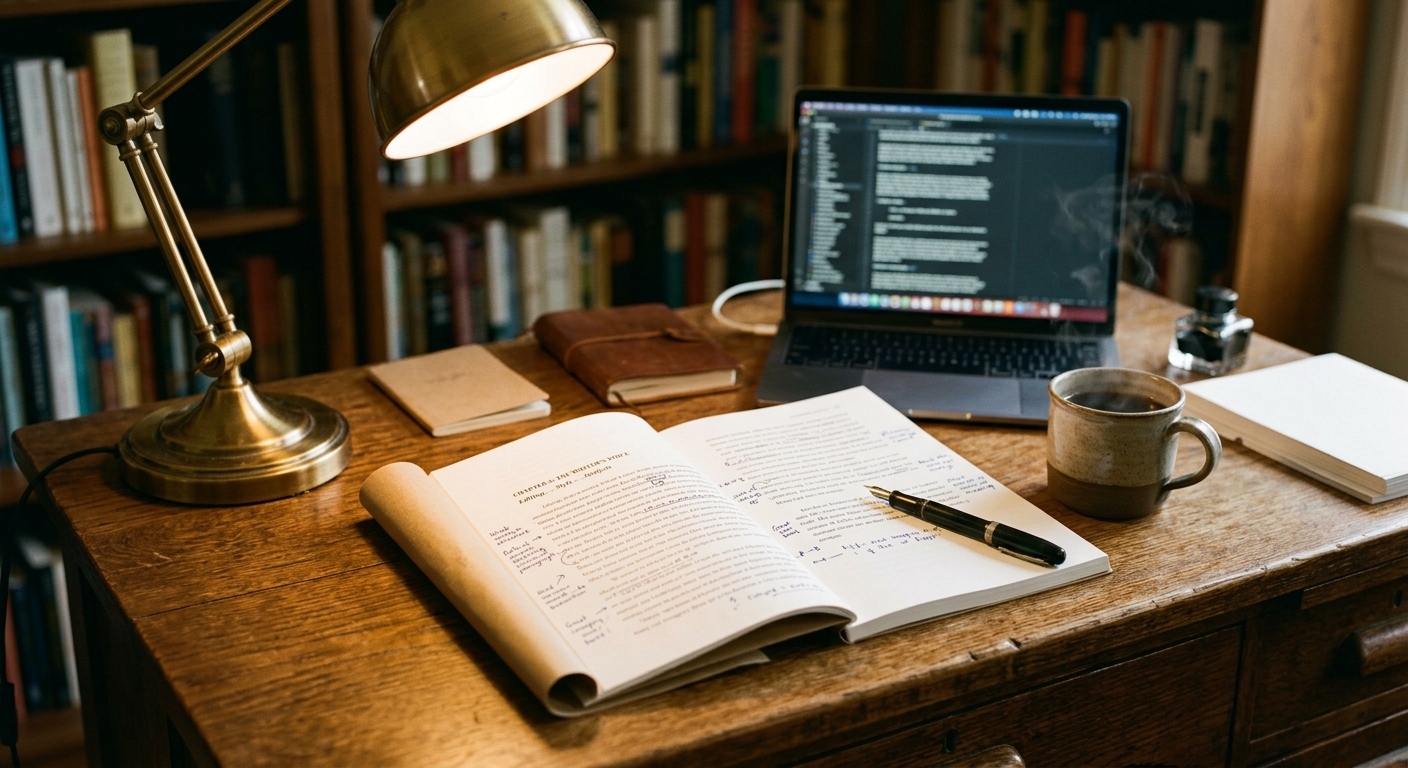 Warm editorial desk with manuscript and laptop